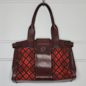 Vintage Fossil Reissue Tapestry Kilimanjaro Leather Hand Bag Turn-Lock Red Brown